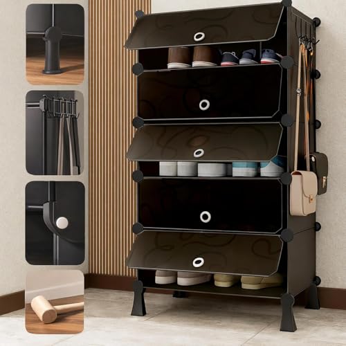 Image of Owme 5 Door Portable Shoe Rack Cabinet with Flip Door | Space Saving Multi Layer Shoe Organizer for Entryway Living Room | Multi Layer Storage for Sneakers, Heels & Boots - Black