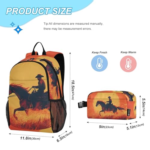 Travel Backpack Lunch Bag Set for Hiking Picnic, Backpacks with Insulated Lunch Box Sunset Cowboy Print2