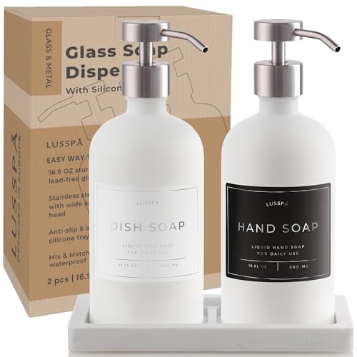 Glass Soap Dispenser Set of 2 (White) with Silicone Tray | Hand and Dish Soap Dispenser for Kitchen and Bathroom | 16.8 Oz Glass Bottles with Stainless Steel Pump & 15 Waterproof Labels (White/Silver) - image 7