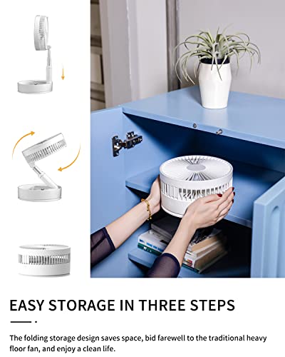 Oscillating Fan Foldaway With Remote Control, 7200Mah Rechargeable Battery Powered Pedestal Fan For Camping, 4 Speed, Timer, Height Adjustment Portable Table Fan For Travel , Outdoor, Home (White) #TOP2