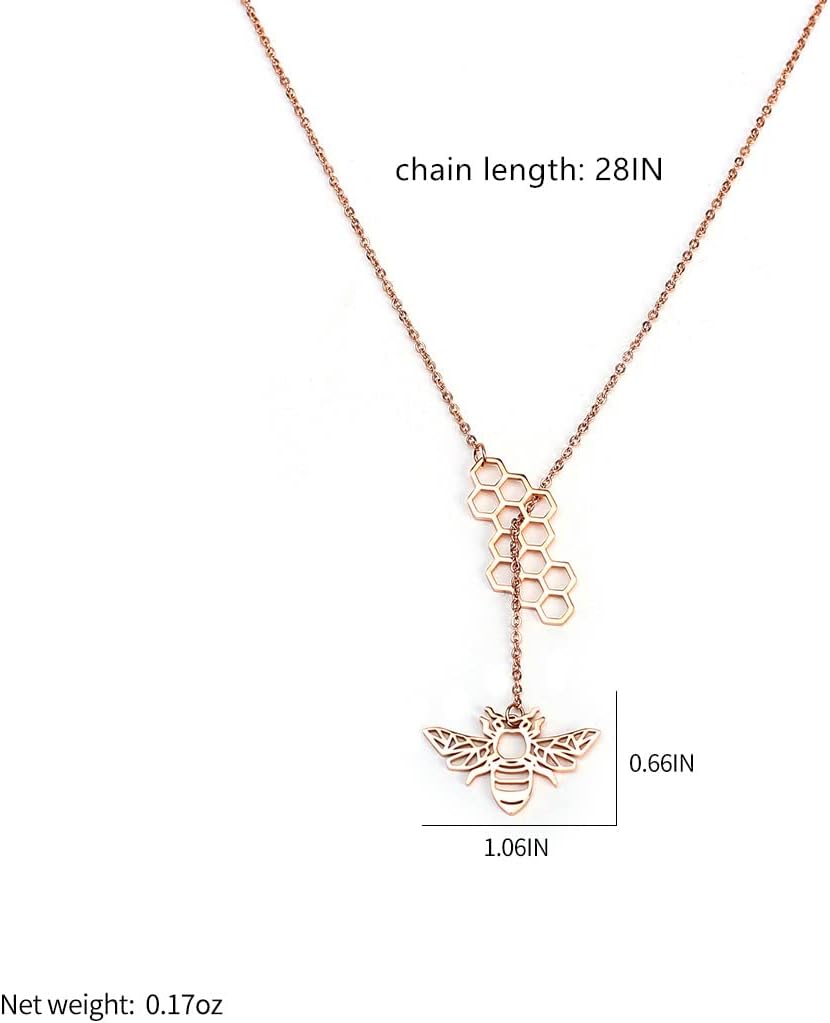 18K Gold Plated Stainless Steel Bee Honeycomb Pendant Necklace, Adjustable Y Lariat Conch/Guitar/Horseshoe Necklace for Women - Image 7
