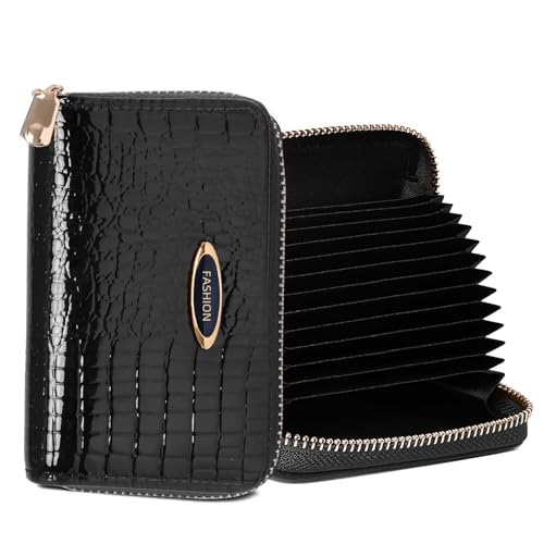 Accordion Wallet Women Small Cute Short Wallets Patent Leather Womens Credit Card Holder Coin Purse with Zipper for Women Ladies - Black