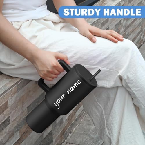 Image of Zephorus Personalized Stainless Steel Tumbler with Handle, 1200ml Capacity, Black Insulated Travel Mug with Straw, Custom Name Design (PU Pouch & 40oz Tumbler Black)
