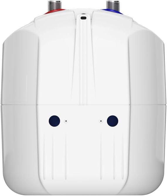 A dalt view of the Eldom 5-liter under-sink water heater, showing the cold water inlet (blue ring) and hot water outlet (red ring) connections.