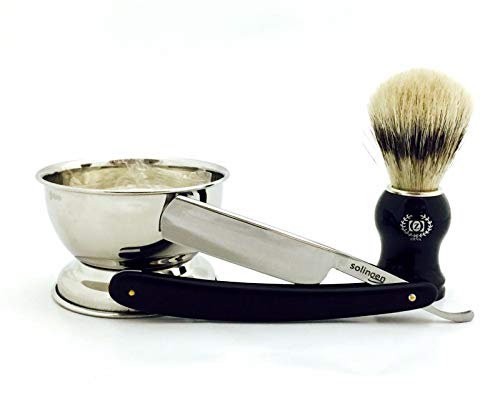 5 PC WET SHAVING SET- CUT THROAT RAZOR, CUP, BRUSH, SOAP & 100 BLADES