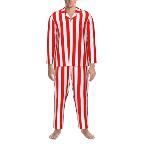 Red And White Stripes Mens Pajamas Set Button Down Sleepwear Set Long Sleeve Loungewear With Pockets