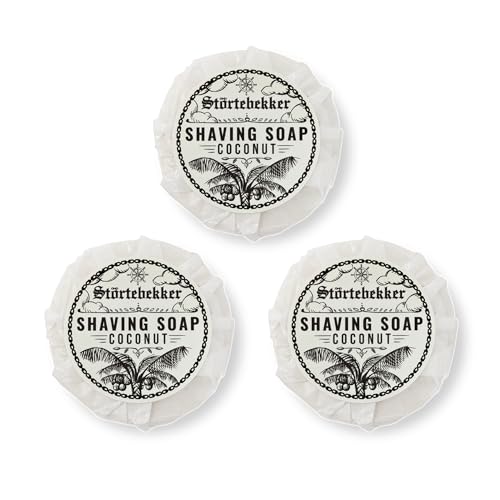 Störtebekker® Premium Rasierseife Kokos 70g x 3 - Handgefertigte Seife für ergiebigen Rasierschaum - Perfekt für die Rasur mit Rasierhobel & Rasiermesser - Vegane Rasierseife Damen & Herren