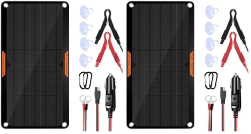 Image of OYMSAE 10W 12V Solar Panel Car Battery Charger Portable Waterproof Power Trickle Battery Charger & Maintainer for Car Boat Automotive RV with Cigarette Lighter Plug & Alligator Clip (Pack of 2)