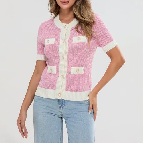 Image of Womens Short Sleeve Button Down Cardigans Sweater Cropped Lightweight Crew Neck Elegant Knit Tops with Pockets