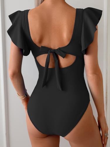 B2prity Women's One Piece Swimsuit Ruffle Sleeve Cut Out Bathing Suit Tie Back High Waisted Swim Suit3