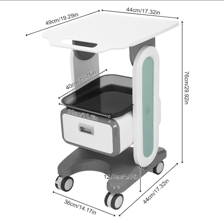 Carro de laboratorio multifuncional con 2 cajones y estante superior, carrito médico de hasta 60 kg, para laboratorio, clínica, salón