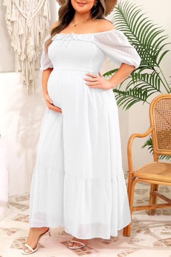 Image of Plus Size Summer Dresses - Swiss Dot Smocked Square Neck Puff Sleeve Boho Maternity Maxi Dress for Baby Shower Wedding Guest