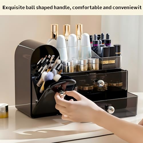 Image of Makeup Organizer for Vanity with Covered Brush Holder,Bathroom Organizers with Drawer,Skin Care Organizer,Makeup Organizers for Vanity with Drawer,Large Makeup Storage for Dresser, Black