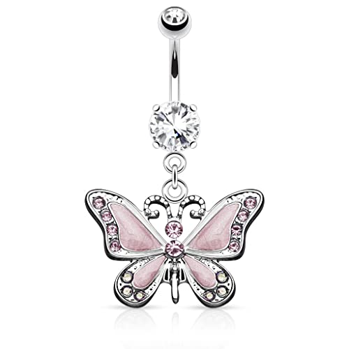 Pierced Owl - 14GA Stainless Steel CZ Crystal Butterfly Dangling Belly Button Ring