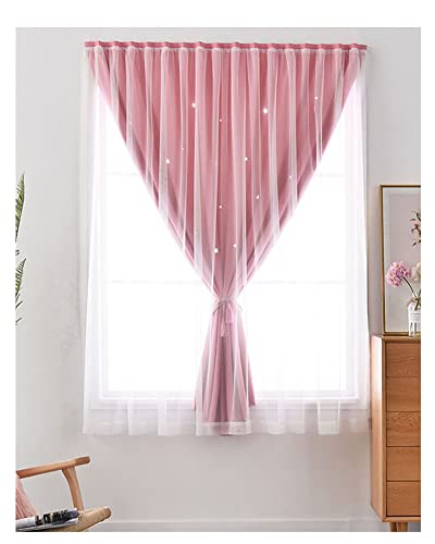 1 Pieza Cortina Nórdica Elegantes Cortinas de Ventana la impresión de Estrellas Huecas Brillantes Doble Capa con visillos de Tul para la decoración del Dormitorio Pink
