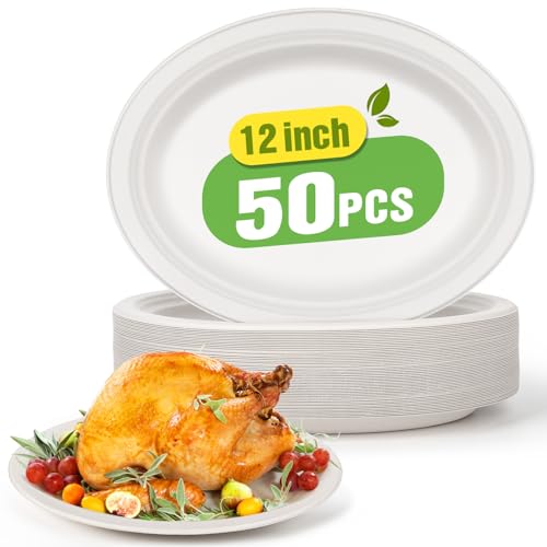 Gezond 100% Compostable Oval Paper Plates 12.5 Inch 50 Pack Large Disposable Heavy-duty Eco-friendly Sugarcane Fiber Plates Biodegradable for Party, BBQ and Picnic Whtie