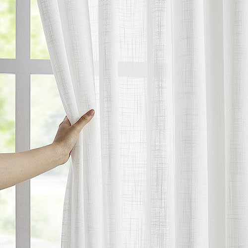Image of Treatmentex Semi-Sheer White Curtains for Living Room Bedroom Rich Linen Textured Privacy Window Curtain Draperies for Home Office 54 inchw x63 inchL 2 Panels Rod Pocket