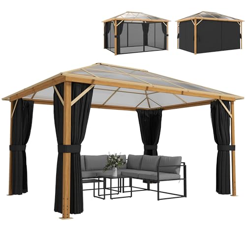 Outsunny Tonnelle de Jardin 3x4m Aspect Bois avec Toit Rigide en Polycarbonate UV50+ - Pavillon Extérieur Aluminium Imperméable avec Moustiquaire et Rideaux...