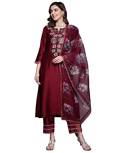 Image of INDO ERA Women's Viscose Embroidered Straight Kurta Pant With Dupatta Set