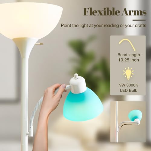 Image of White Floor Lamp, 72 inch Tall Standing Floor Lamp with 5 Replace Lampshades | Torchiere Lamps with 8W Adjustable Reading Lights, Floor Lamps for Living Room, Bedroom, Office, Bulbs Included
