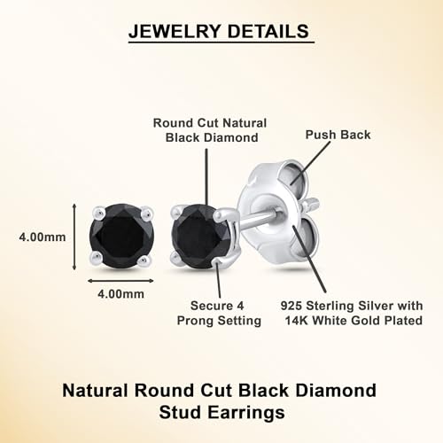 Dewberry 0.30 to 2.00 Ct Round Cut Black Diamond Stud Earrings for Women's Gift | 4 Prong Set Push Back Solitaire Stud | 14K White or Yellow Gold Plated | 925 Sterling Silver Earrings for Men's4