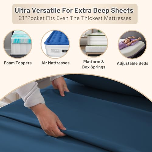 MEISHANG Extra Deep Pocket King Sheets Cotton - 1000 Thread Count Sheets - Fits 18"-24" in Deep Mattress,100% Egyptian Cotton,Sateen Weave, Soft & Breathable - 4 Piece (King, Navy)