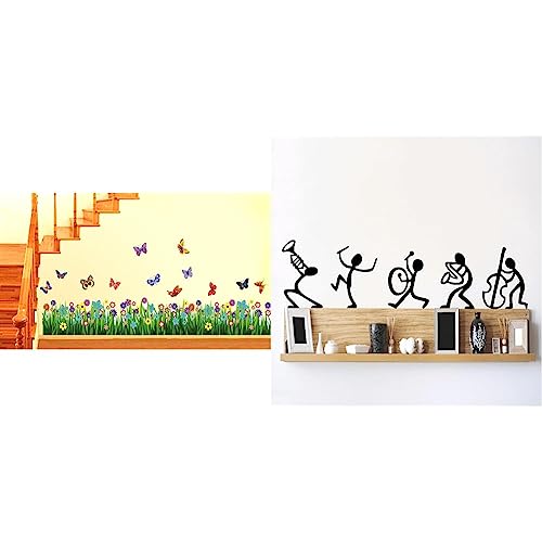 Image of Decals Design 'Walking in The Garden Flower' Wall Sticker (PVC Vinyl, 70 cm x 25 cm), Multicolour & Decals Design 'Musical Instruments Happy Band' Wall Sticker (PVC Vinyl, 30 cm x 45 cm, Black)