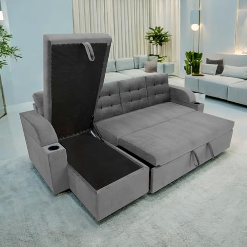 Image of Casaliving Grance LHS 6 Seater Corner Sofa Cum Bed with Storage for Living Room (Dark Grey Fabric) Premium Fabric Sofa Sett