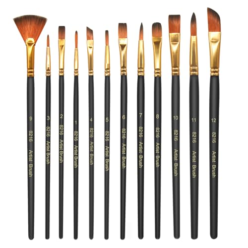 elzle 12 Pinceles para Pintar, Juego de Pinceles de Pintura de Nailon, Pincel Fino para Pintura de Punta Lisa, Cuerpo bolígrafo de Madera Apto para Pinturas acrílicas, Acuarelas, aceites y guacos