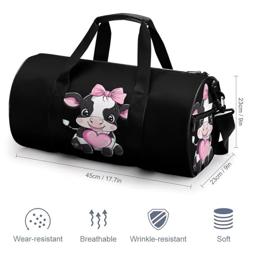 Black & White Cow Holding Heart Sports Gym Bag Travel Duffel Workout Bag with Adjustable Strap2