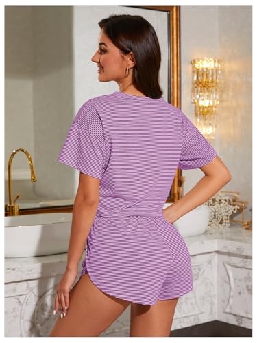 Image of OYOANGLE 2 Pack Pajama for Woman Set Summer Cute PJ Sets Striped Short Sleeve Tshirt and Split Shorts Lounge Set