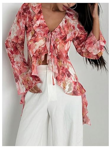 WDIRARA Women's Floral Print Ruffle Blouse V Neck Tie Front Long Bell Sleeve Chiffon See Through Tops4