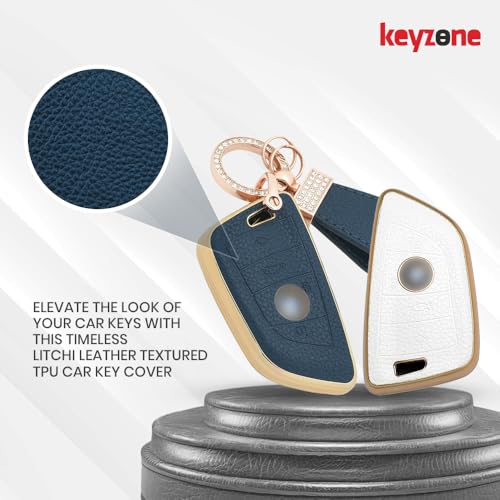 Image of Keyzone Litchi Leather Textured TPU Key Cover & Keychain for BMW 4-Button Smart Keys (White)