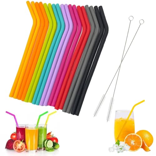 20Pcs Silicone Straws Reusable Set - 18 Flexible Drinking Straws + 2 Cleaning Brushes Colorful Bend Drinking Straws Regular Size for Adults Kids Cocktails & Cold Drinks (Assorted Colors)