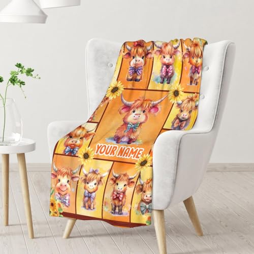 Personalized Highland Cow Blanket Gifts with Name - 30x40 Inches Cute Throw Blanket for Girls & Boys - Yellow Soft Fuzzy Blankets for Couch & Office