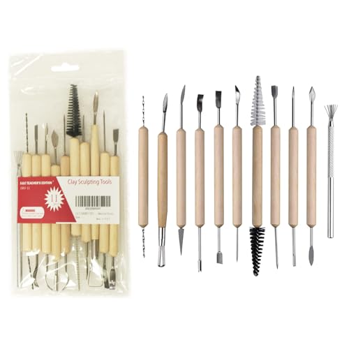Image of S & E TEACHER'S EDITION 11 Pcs Pottery & Clay Sculpting Tools | Double-Sided, Ceramics Tools, Smooth Wooden Handles, For Trimming, Embossing Pattern