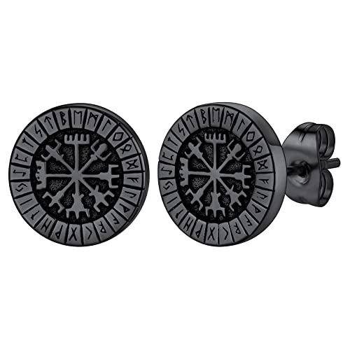 FaithHeart Pendientes Vikingos Hombres Runas Acero Inoxidable 316L Pendientes Negros Vegvisir Brújula Joyería Protección Regalo Reyes Pendientes Góticos Alfabetos Letras Rúnicas