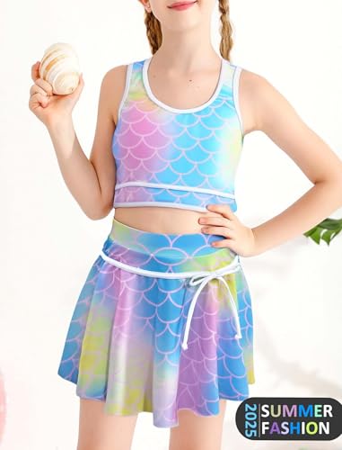 Image of Girl Swimsuit 2 Piece Bathing Suit High Waist Color Block Bikini Skirt Set Sporty Summer Swimwear 4-13Y