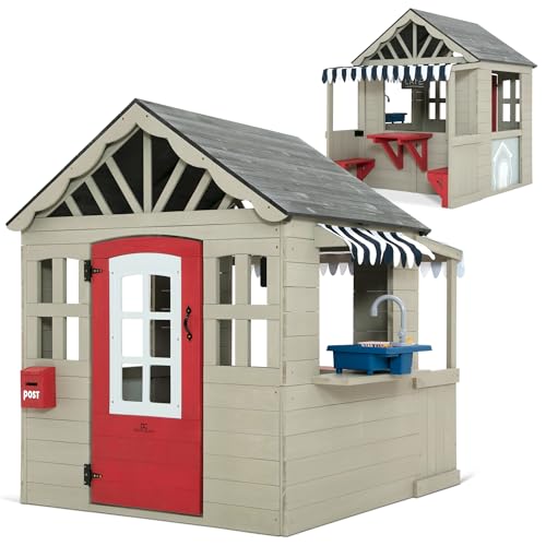 Image of Delta Children MySize Deluxe Outdoor Playhouse with Play Sink with Running Water, Picnic Table & Mailbox - Premium Wooden Cedar Playhouse for Kids, Grey