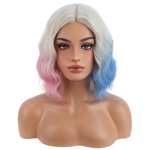 Image of BERON Women Short Platinum Ombre Pink and Blue Side Part Wigs Girls Colorful Shoulder Length Heat Resistant Synthetic Wig for Cosplay Costume Party or Daily