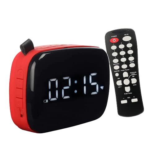 PAGARIA Portable Radio & Alarm Clock Bluetooth Speaker with Remote/Alarm/USB/am/fm/SD Card/aux/Bluetooth Recording/mic Recording. (Red), Standard (SAN101)