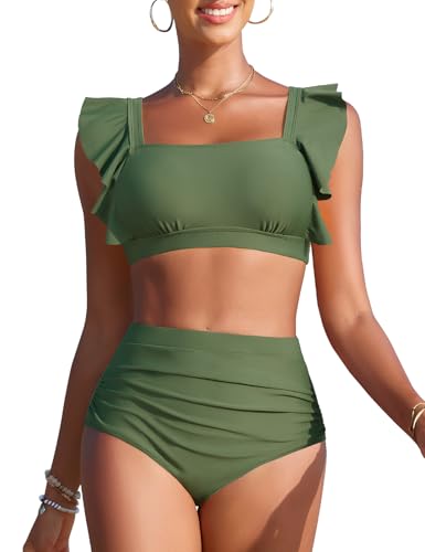 Vijamiy Bikinis Mujer Reductores De Cintura Alta Bañador Push Up con Relleno Escote Cuadrado Piscina y Playa Detalles de Volantes a La Moda(Verde Militar,XL)