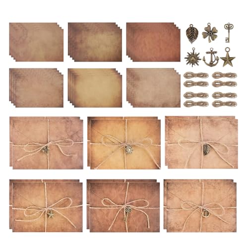 60 Stück Vintage Kraftpapier Umschläge, 12 Retro Briefumschläge,12 Retro Schlüsseln,12 Hanfseilen, 12 Sheet Vintage Seal Stickers, 24 Antik-Kraftpapier für Hochzeiten, Geburtstage
