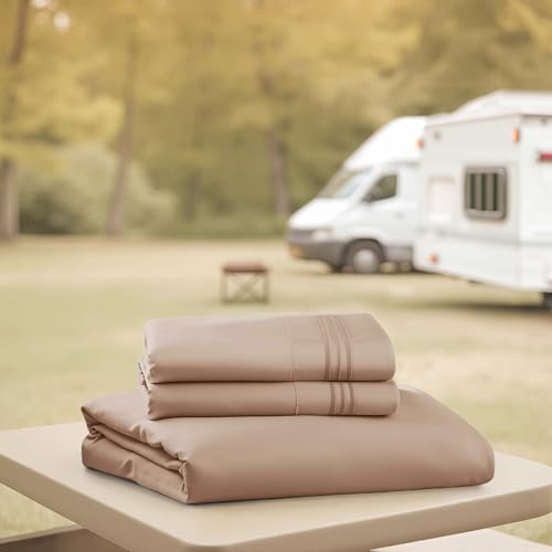Image of Nestl Khaki Short Queen Sheets for RV, Hotel Luxury RV Queen Sheets Set, 4 Piece Fitted Bed Sheet Set and Pillowcases, Super Soft, Wrinkle-Free, and Breathable Camper Bedding
