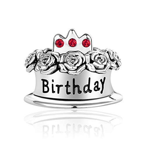 Image of Birthstones Happy Birthday Cake Charms Compatible with Pandora Charms Moments Bracelets Candle Crown Celebration Beads