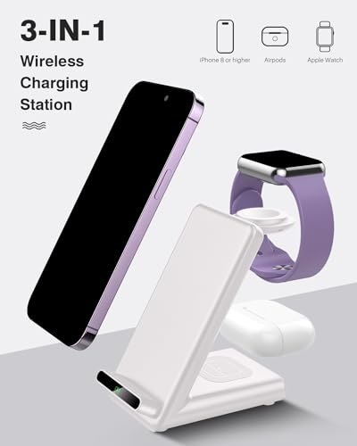Wireless Charging Station,3 in 1 Wireless Charging Stand Made for Apple Watch Ultra 9 8 7 6 SE 5 4 3,Fast Wireless Charger Made for iPhone 15/Plus/Pro Max/14/13/12/11/X,for AirPods Pro(with Adapter)
