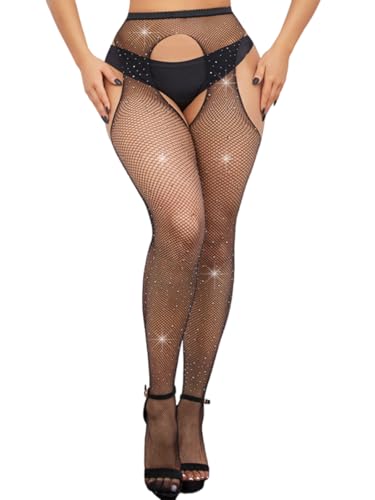 deladola Sparkle Rhinestone Fishnets Stocking for Women Glitter Crystal High Waist Tights2