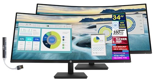 Image of HP 34 inch WQHD Curved Monitor with 5ms Response Time, Anti-Glare, Flicker Free, 250 nits Brightness, VESA Mount (100 x 100 mm), Displayport, HDMI & Dockztorm USB Port Expander, Black Color (2 Pack)