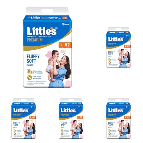 Image of Little's Premium Baby Diapers L Size (Large) Pants Style | 9-14 kg | 62 Count | Super Jumbo FluffySoft Baby Diaper with Leakage Guard, Wetness Indicator & 12 Hours Absorption (Pack of 5)