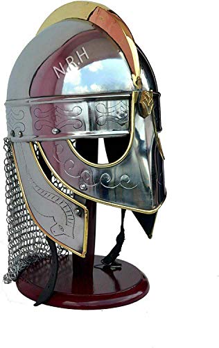 Nautical Replica Hub Casque de viking médiéval avec support en bois pour Halloween, finition argentée